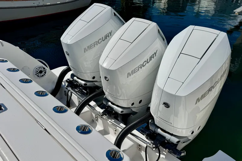 Yacht Photos Pics Triple Mercury outboard engines on a 2024 Intrepid 407 Nomad FE boat.