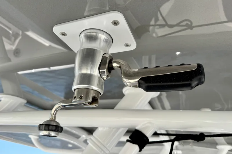  Yacht Photos Pics Close-up of a 2024 Intrepid 407 Nomad FE boat handle mechanism.
