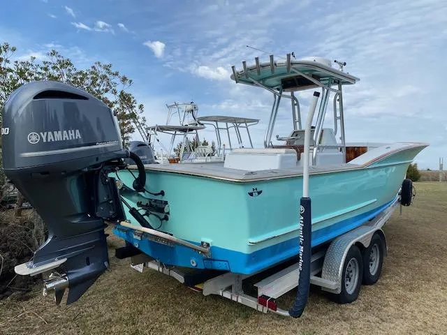 Drift Wood Yacht Photos Pics 2017 Custom Carolina 28 CC Harrison Boatworks on trailer with Yamaha outboard motor.