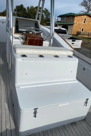 Drift Wood Yacht Photos Pics 2017 Custom Carolina 28 CC Harrison Boatworks, sleek white deck, modern console, outdoor setting.