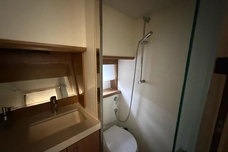  Yacht Photos Pics Luxurious bathroom in 2019 Absolute 40 SLT yacht with modern fixtures and shower.