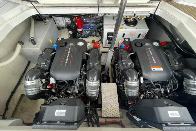 Motivated Yacht Photos Pics Engine compartment of 2017 Regal 35 Sport Coupe with dual Volvo Penta engines.