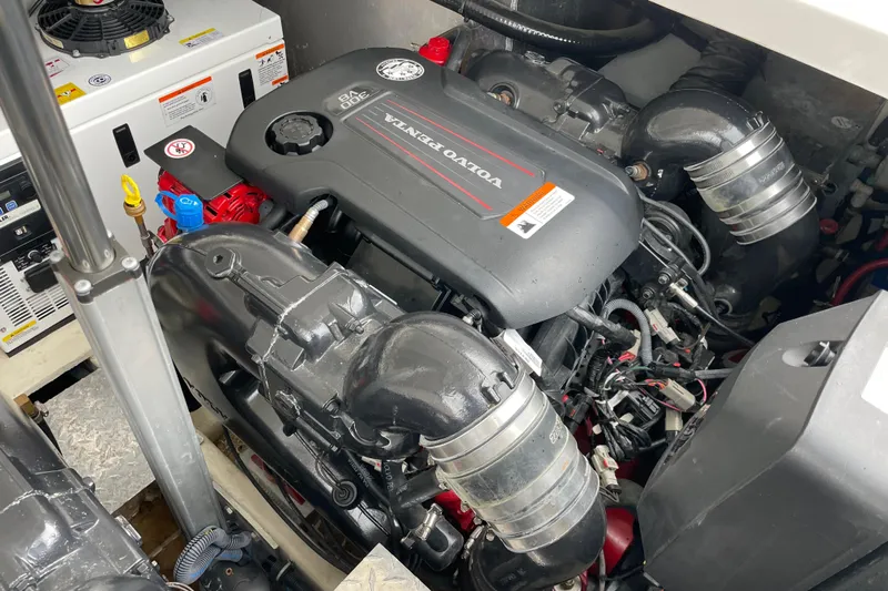 Motivated Yacht Photos Pics Engine compartment of a 2017 Regal 35 Sport Coupe with Volvo Penta engine.