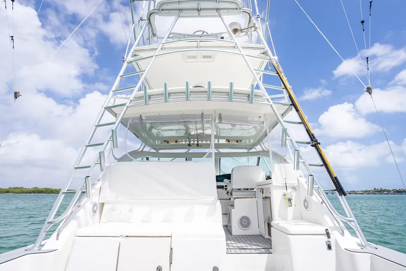 Drill Time Yacht Photos Pics 2006 Tiara Yachts 4200 Open, rear view, showcasing deck and tower against blue sky.