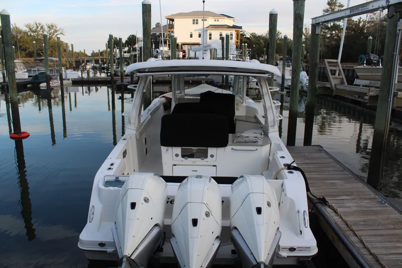 Get Off Me Yacht Photos Pics 2021 Boston Whaler 350 Realm docked at marina.