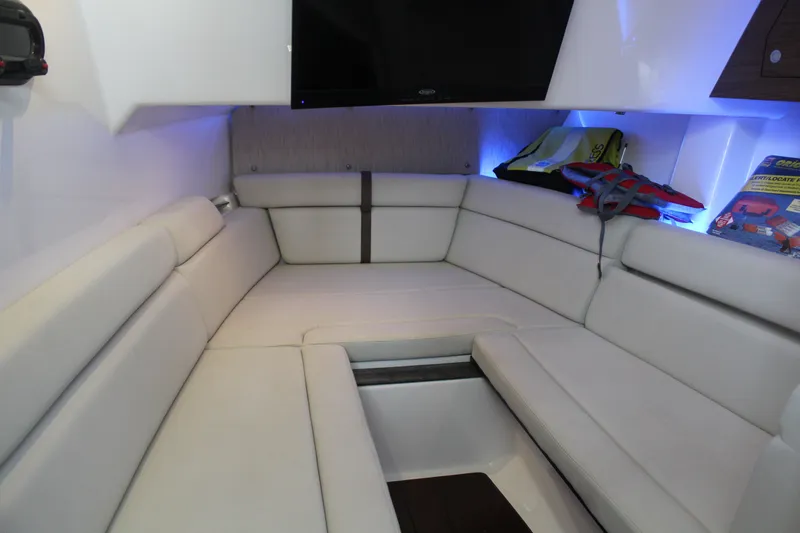 Get Off Me Yacht Photos Pics Interior of 2021 Boston Whaler 350 Realm with comfortable seating.