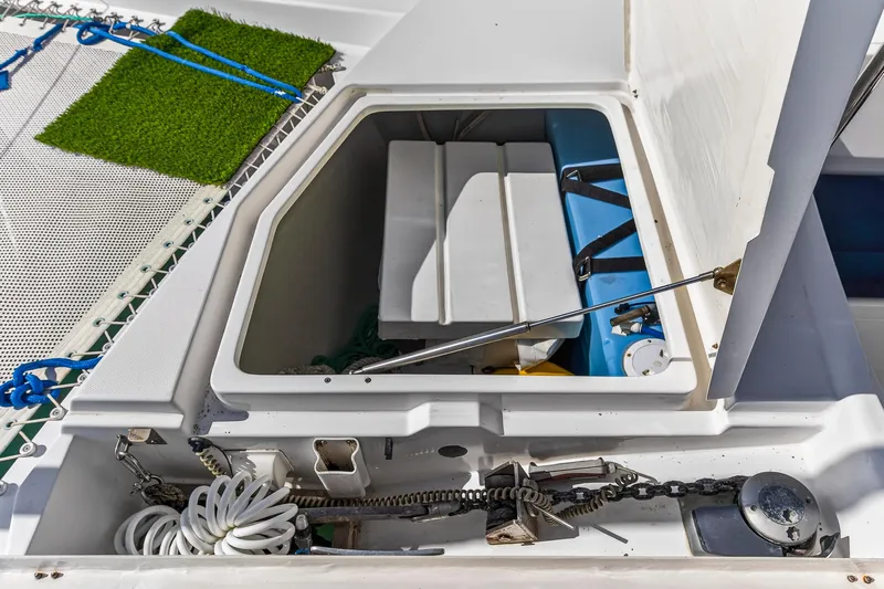  Yacht Photos Pics Open storage compartment on 2016 Leopard 44 Owners Version catamaran deck.