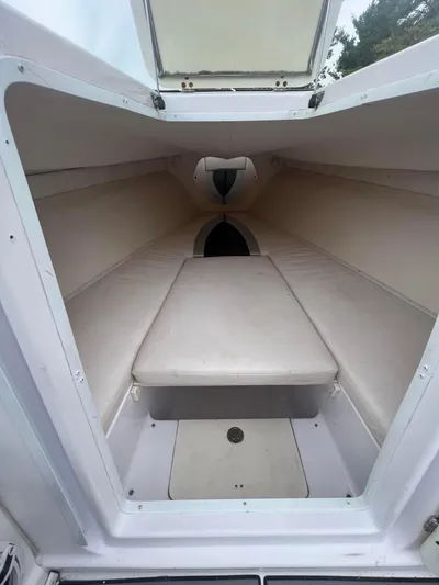  Yacht Photos Pics 2006 Donzi 38 ZFX cabin interior with white upholstery and compact design.