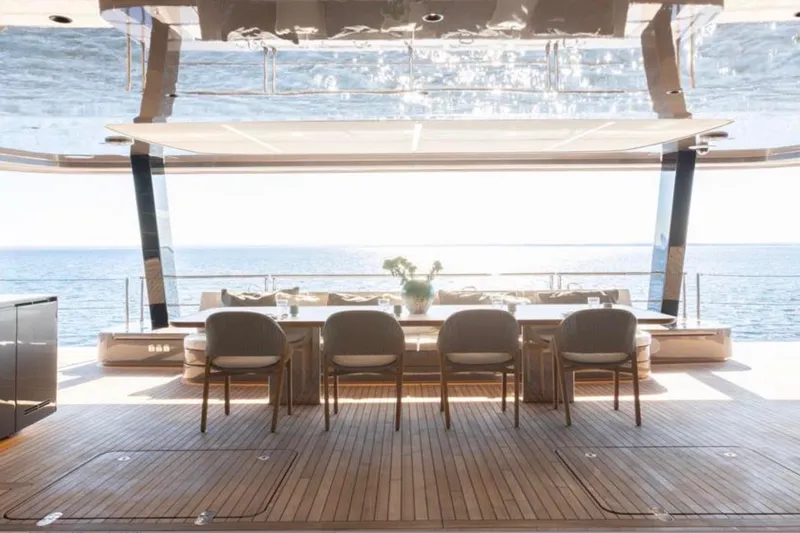 Twilight Yacht Photos Pics Luxurious Sunreef 100 Power yacht interior with ocean view, 2025 model.