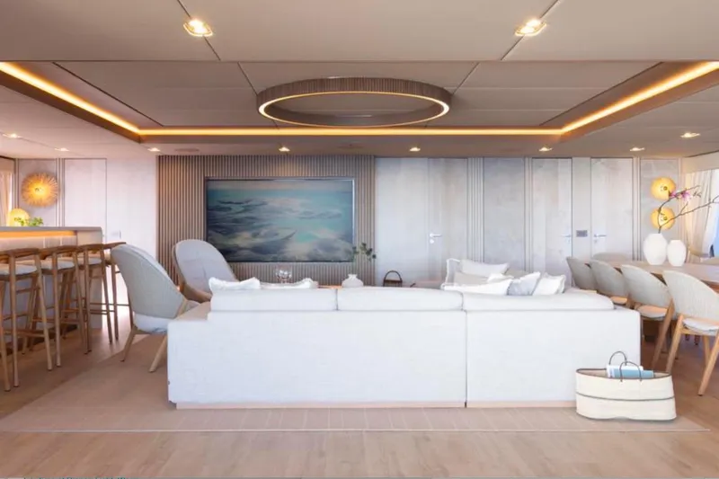 Twilight Yacht Photos Pics Luxurious interior of 2025 Sunreef 100 Power yacht with modern decor and elegant furnishings.
