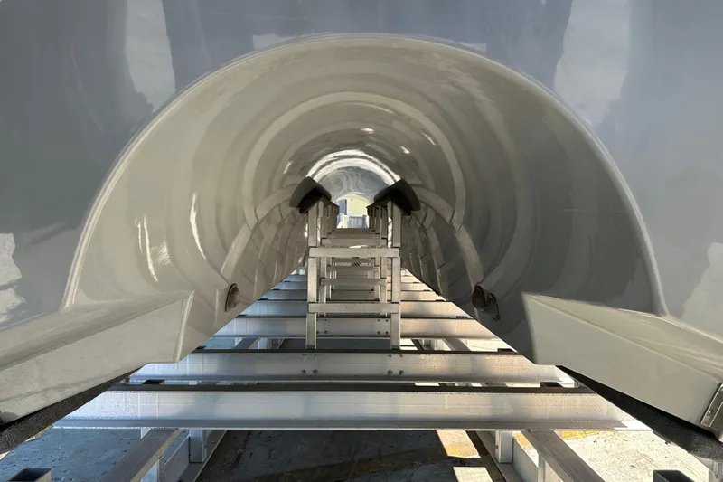  Yacht Photos Pics Interior view of Freeman 42LR boat hull, 2023 model, showcasing sleek design and structure.