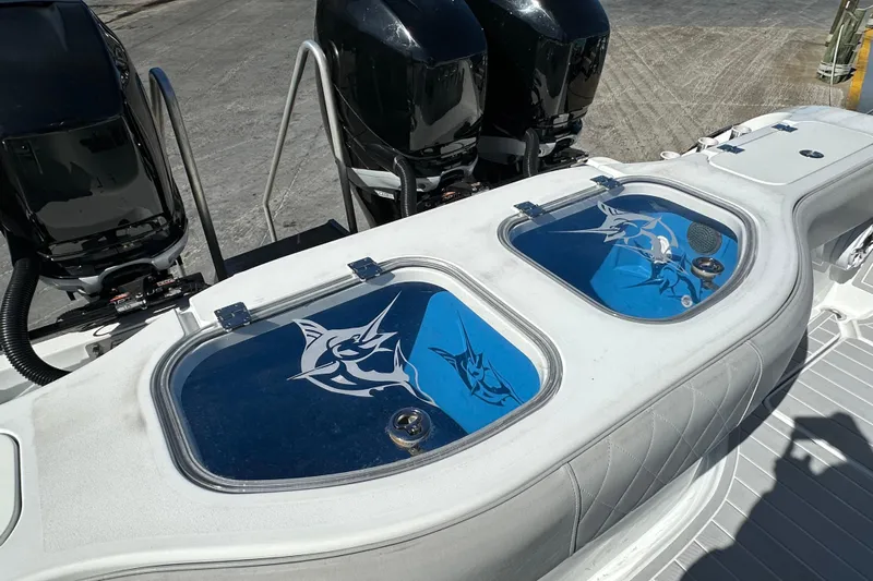  Yacht Photos Pics Freeman 42LR 2023 boat with dual livewells and powerful outboard engines.