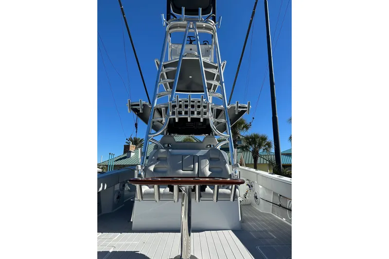  Yacht Photos Pics 2023 Freeman 42LR boat with tower and seating, viewed from deck.