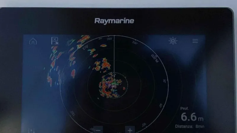  Yacht Photos Pics Raymarine radar screen on Bali 4.1, 2019, showing 6.6m depth.