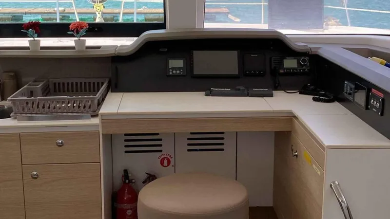  Yacht Photos Pics Interior of Bali 4.1 yacht, helm station with ocean view.