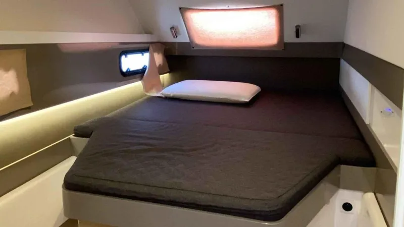  Yacht Photos Pics Interior of a 2019 Bali 4.1 yacht with cozy bed.