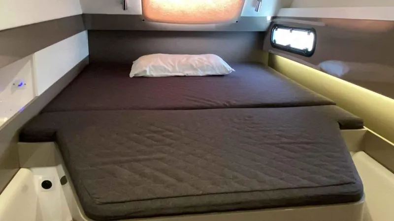  Yacht Photos Pics Interior of a 2019 Bali 4.1 yacht with cozy bed.