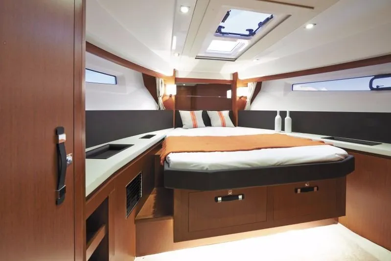 Couples Therapy Yacht Photos Pics Manufacturer Provided Image: Luxurious cabin interior of 2016 Jeanneau Velasco 43 yacht with modern design.
