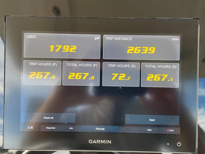  Yacht Photos Pics Garmin display showing fuel usage, trip distance, and engine hours for Ocean Scout 277, 2020 model.