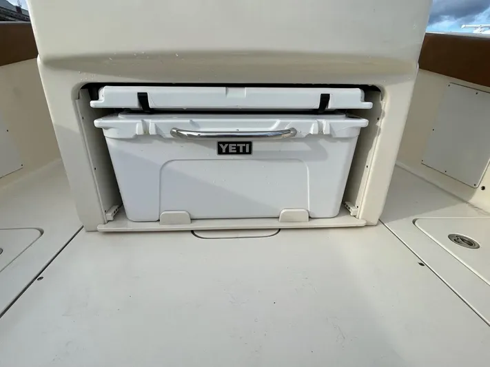  Yacht Photos Pics YETI cooler stored in 2020 Ocean Scout 277 boat compartment.