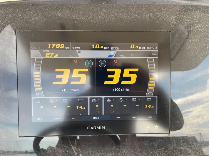  Yacht Photos Pics Garmin display on 2020 Ocean Scout 277 showing engine RPM and fuel data.