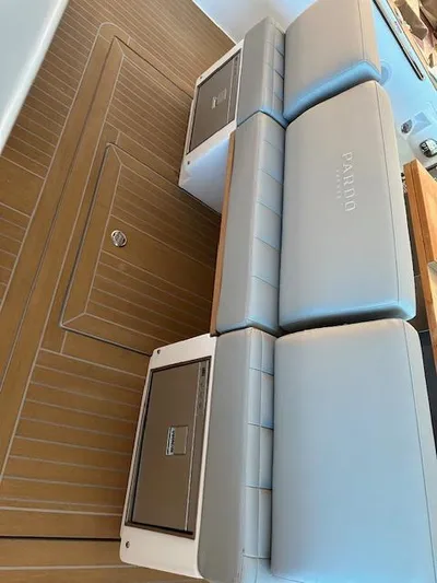Pardo 38 Yacht Photos Pics 2023 Pardo Yachts 38 interior with sleek seating and modern design.