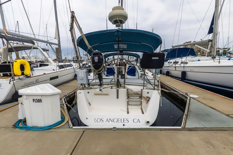 Lark Yacht Photos Pics J Boats 46, 2001 model, docked in Los Angeles marina, rear view.