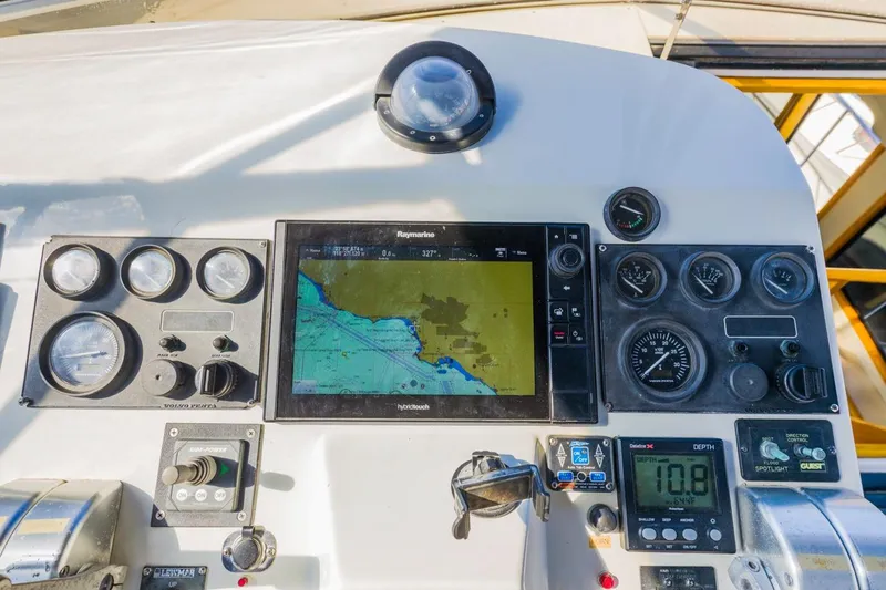 Katerina Yacht Photos Pics Control panel of a 1996 Navigator 5300 Classic yacht with navigation instruments.