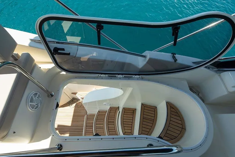  Yacht Photos Pics Staircase on 2008 Azimut 43 yacht leading to lower deck, with ocean view.