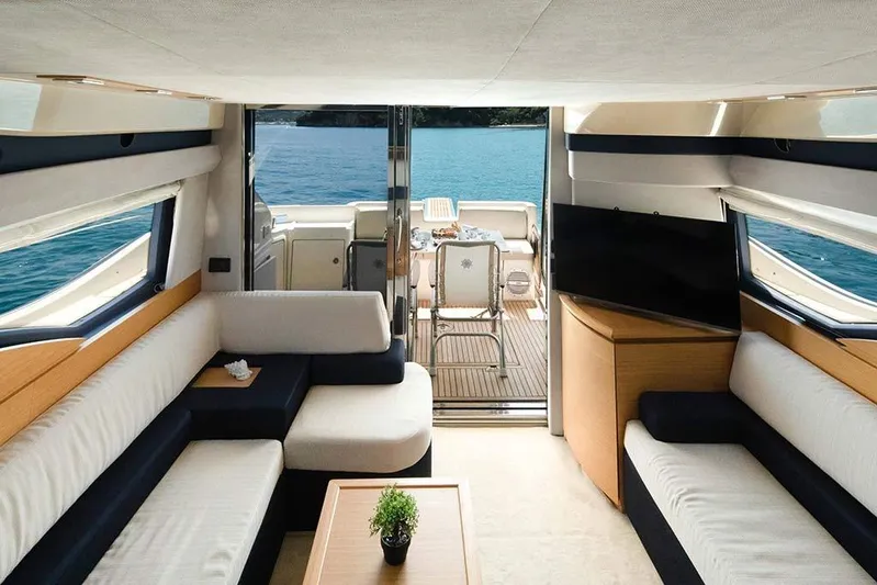  Yacht Photos Pics Luxurious interior of a 2008 Azimut 43 yacht with elegant seating and ocean view.