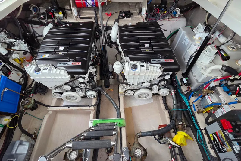  Yacht Photos Pics Engine room of 2013 Sea Ray 370 Sundancer with twin Mercury 350 engines.
