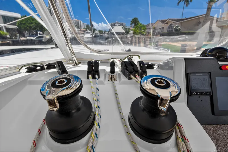 Ten-seven Freedom Yacht Photos Pics Control panel of 2023 Leopard 42 yacht with winches and ropes.