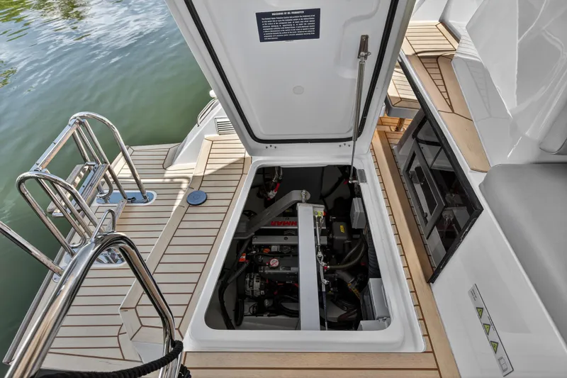 Ten-seven Freedom Yacht Photos Pics 2023 Leopard 42 yacht engine compartment with open hatch, showcasing modern design and functionality.