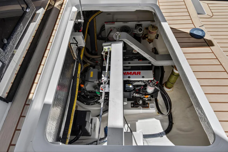 Ten-seven Freedom Yacht Photos Pics Engine compartment of 2023 Leopard 42 yacht, featuring Yanmar engine and modern components.