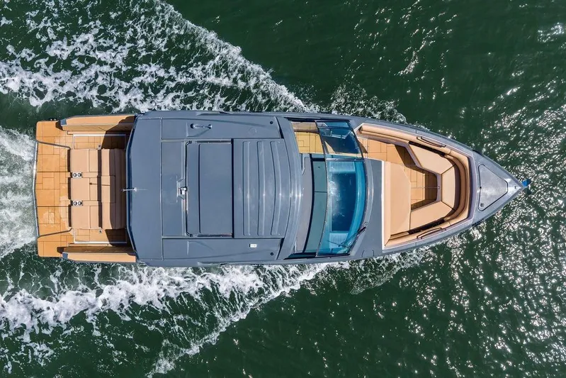  Yacht Photos Pics Overhead view of 2022 Aviara AV40 OB boat cruising on water.
