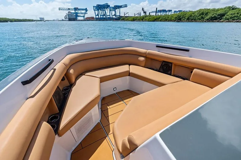  Yacht Photos Pics Luxurious seating on 2022 Aviara AV40 OB boat with scenic waterfront view.