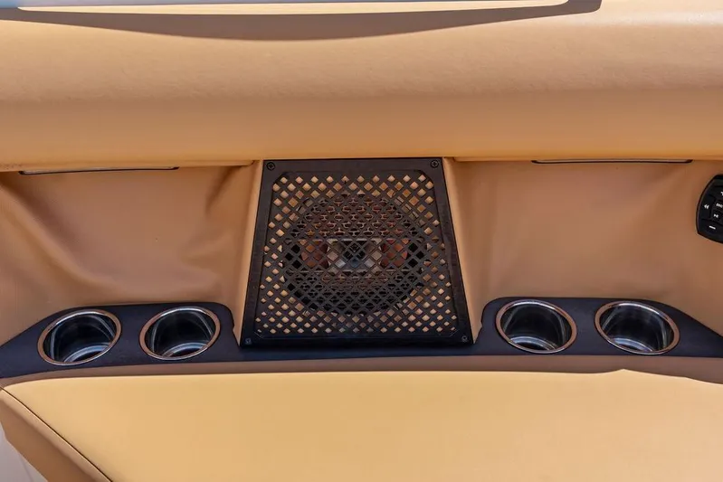  Yacht Photos Pics 2022 Aviara AV40 OB interior with speaker and cup holders in tan upholstery.