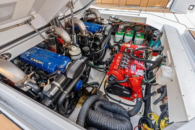  Yacht Photos Pics Engine compartment of 2022 Aviara AV40 OB with Ilmor engines and battery setup.