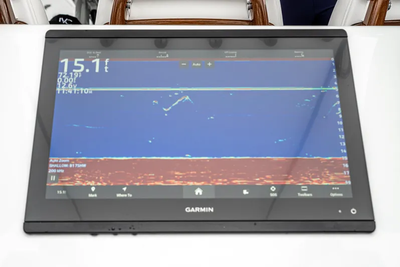  Yacht Photos Pics Garmin marine display on 2024 Freeman 47 boat, showing sonar data and depth reading.