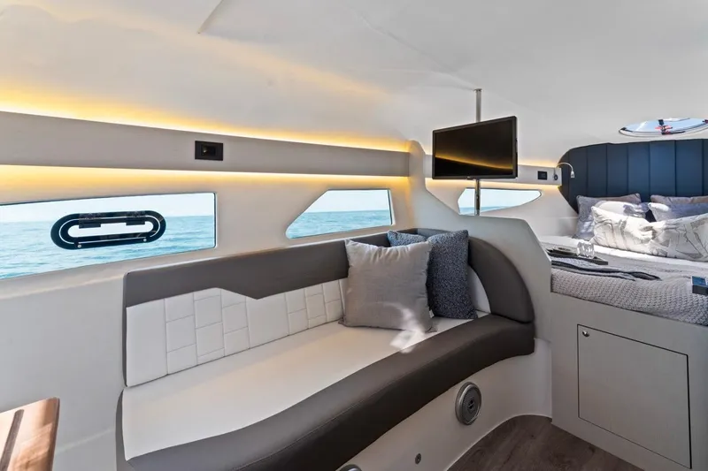  Yacht Photos Pics Luxurious interior of 2026 Valiatt 350 GT yacht with modern seating and ocean view.