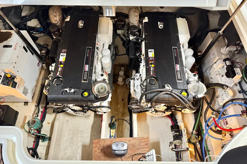  Yacht Photos Pics Engine room of 2006 Sea Ray 340 Sundancer with dual engines and mechanical components.