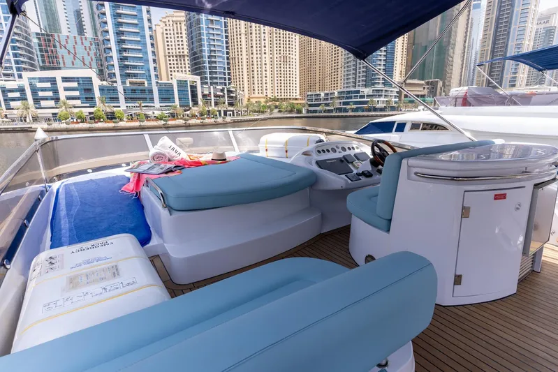 Java Yacht Photos Pics Luxurious 2004 Sunseeker Manhattan 64 yacht interior with city skyline view.