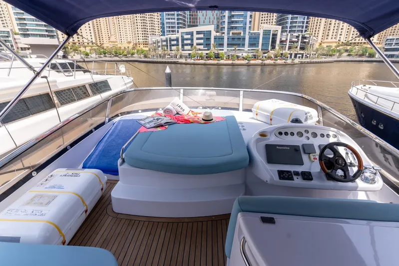 Java Yacht Photos Pics 2004 Sunseeker Manhattan 64 yacht deck with helm, seating, and marina view.