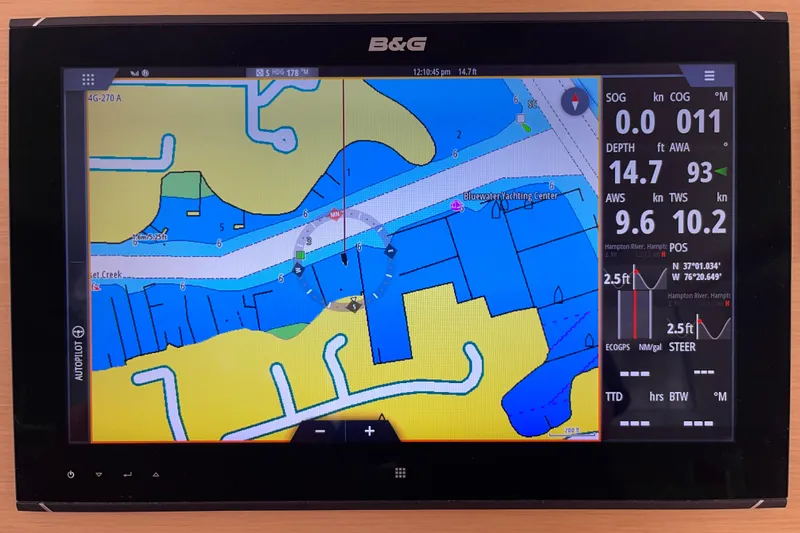Phoenicia Yacht Photos Pics Navigation display on Lagoon 620 yacht, showing map and sailing data, 2014 model.