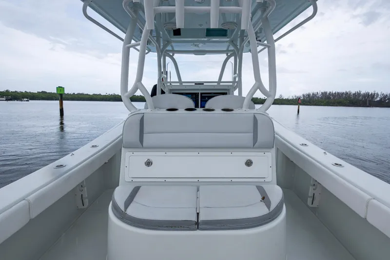  Yacht Photos Pics 2018 Yellowfin 36 Offshore boat interior with seating and water view.