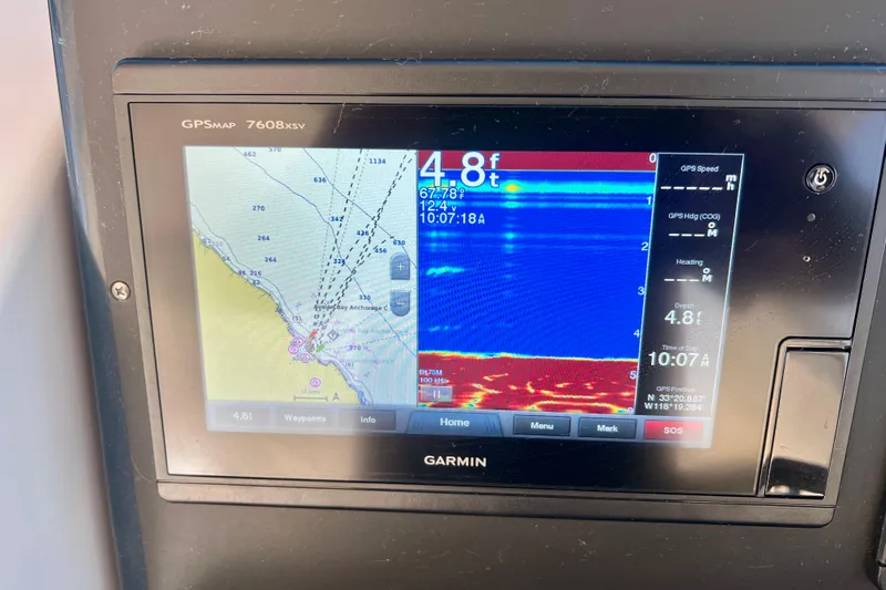Blue Pearl Yacht Photos Pics Garmin GPSMAP 7608xsv display on 2005 Tiara Yachts 3200 Open, showing navigation and sonar data.