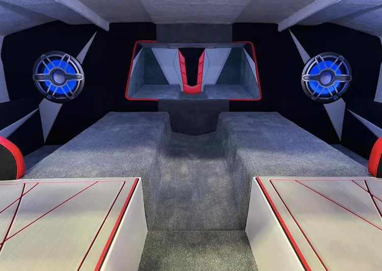  Yacht Photos Pics 2023 Daves Custom Boats M28R interior with modern design and blue LED speakers.