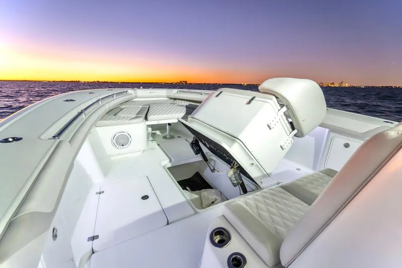  Yacht Photos Pics 2016 Yellowfin 39 Offshore boat interior at sunset on the water.