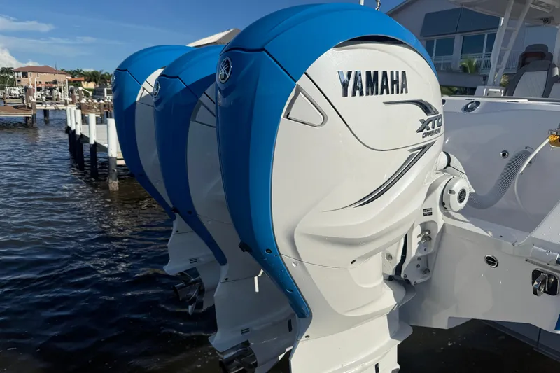  Yacht Photos Pics Triple Yamaha XTO outboard engines on 2023 Everglades 395 Center Console boat.