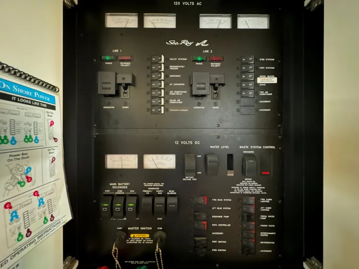 Seaswing Yacht Photos Pics Electrical control panel of a 2002 Sea Ray 380 Sundancer boat.